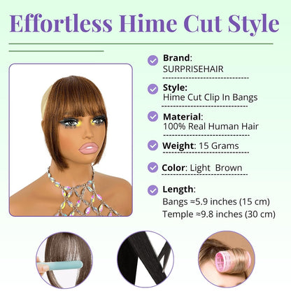 Clip in Bangs 100% Human Hair Fringe with Long Temples Hime Cut for Women
