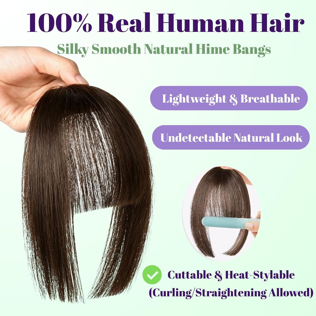 Clip in Bangs 100% Human Hair Fringe with Long Temples Hime Cut for Women