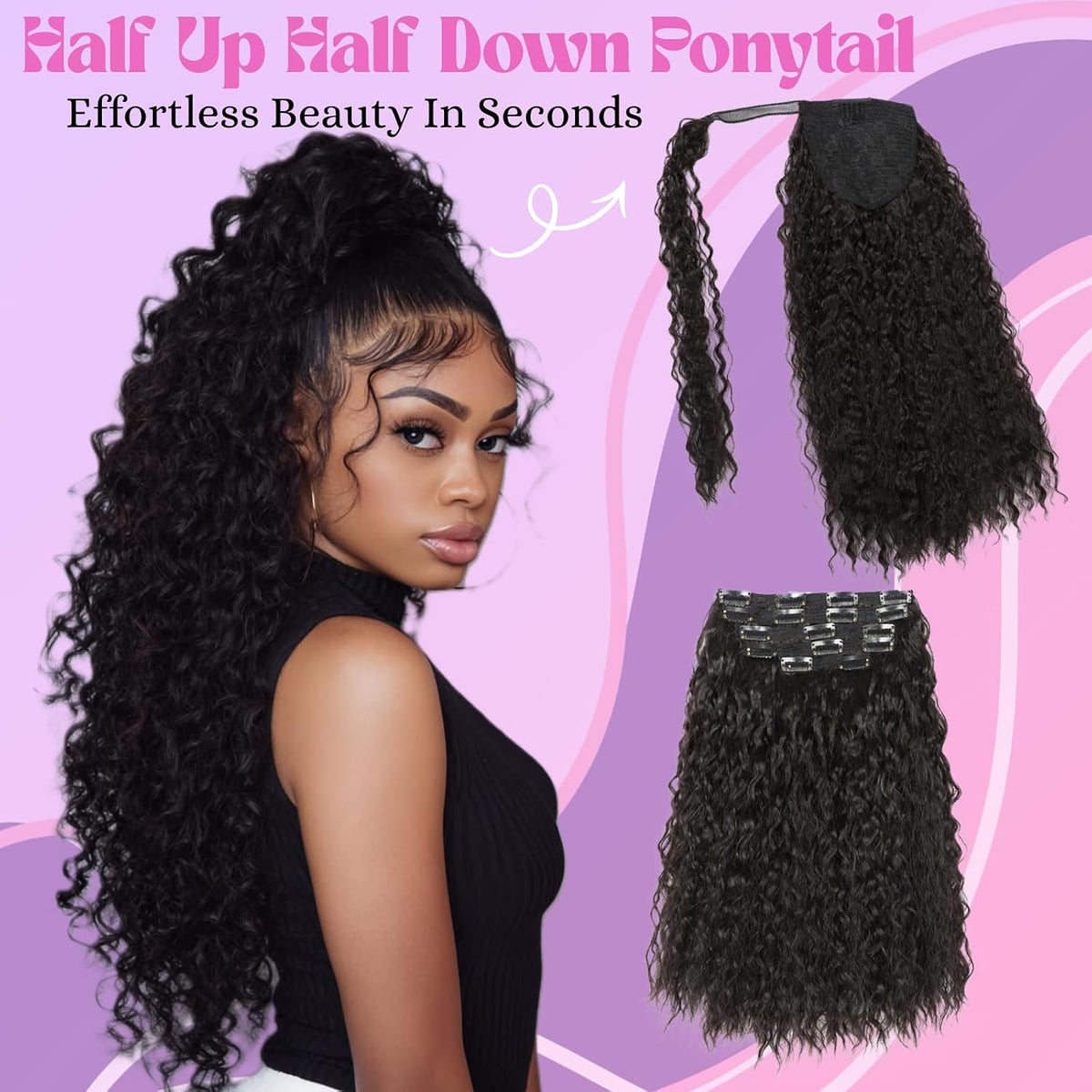 Half Up Half Down Ponytail Set for Black Women 6pc Water Wave 20inch