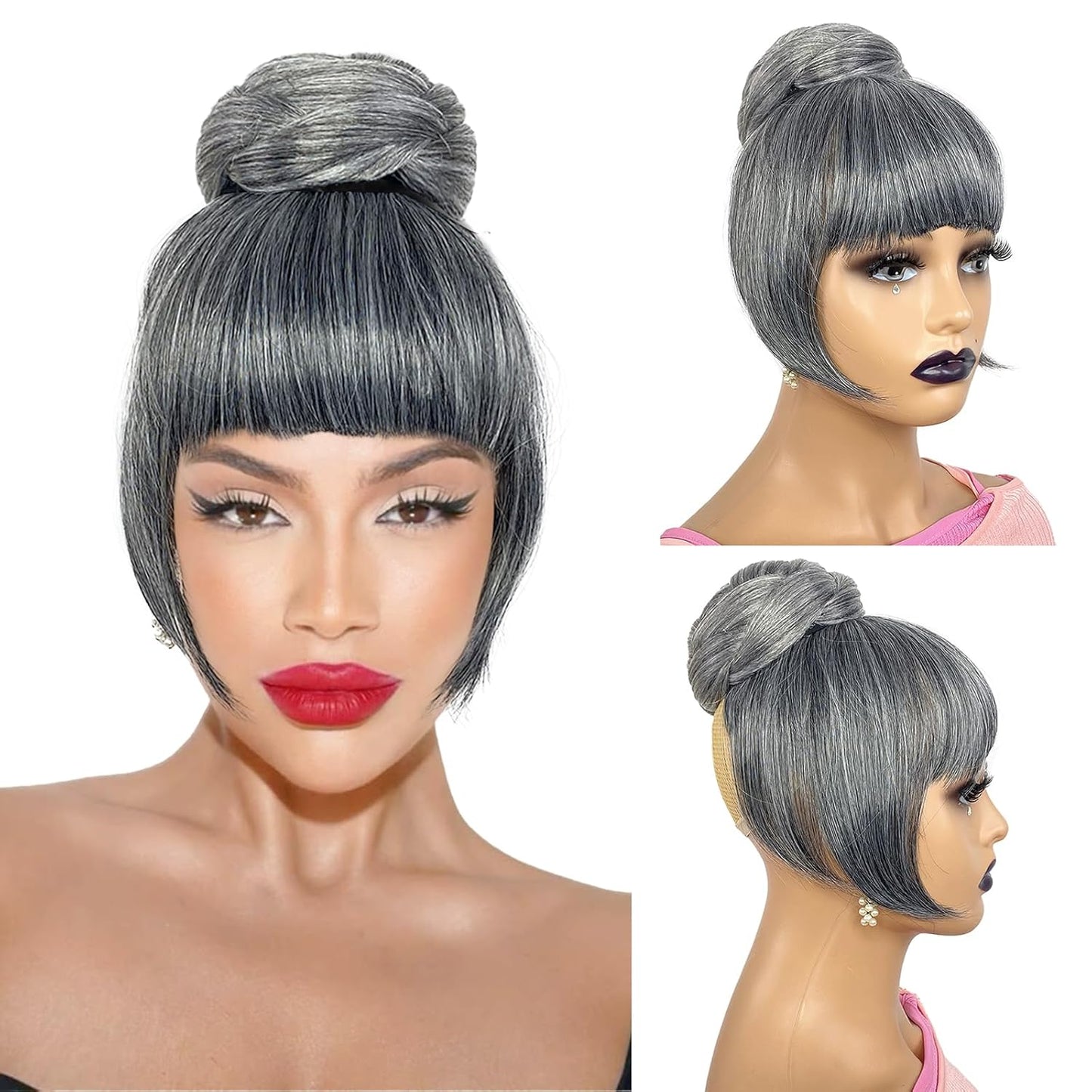 Grey Bun & Bangs Set 2PCS - Salt and Pepper Grey Twist Braided Chignon for Black Women