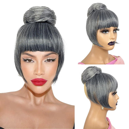 Grey Bun & Bangs Set 2PCS - Salt and Pepper Grey Twist Braided Chignon for Black Women