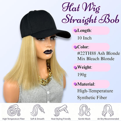 Baseball Cap with Bob Hair Attached Synthetic Bob Hat Wig for Women-Dark Brown