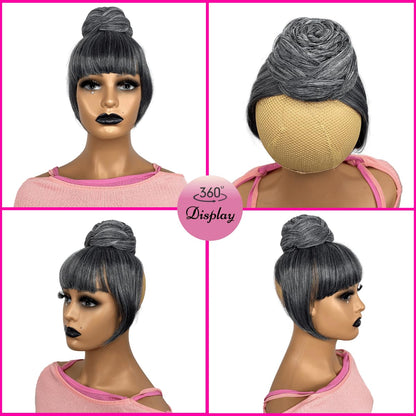 Salt and Pepper Grey Braided Bun with Bang Updo Braid Chignon for Black Women