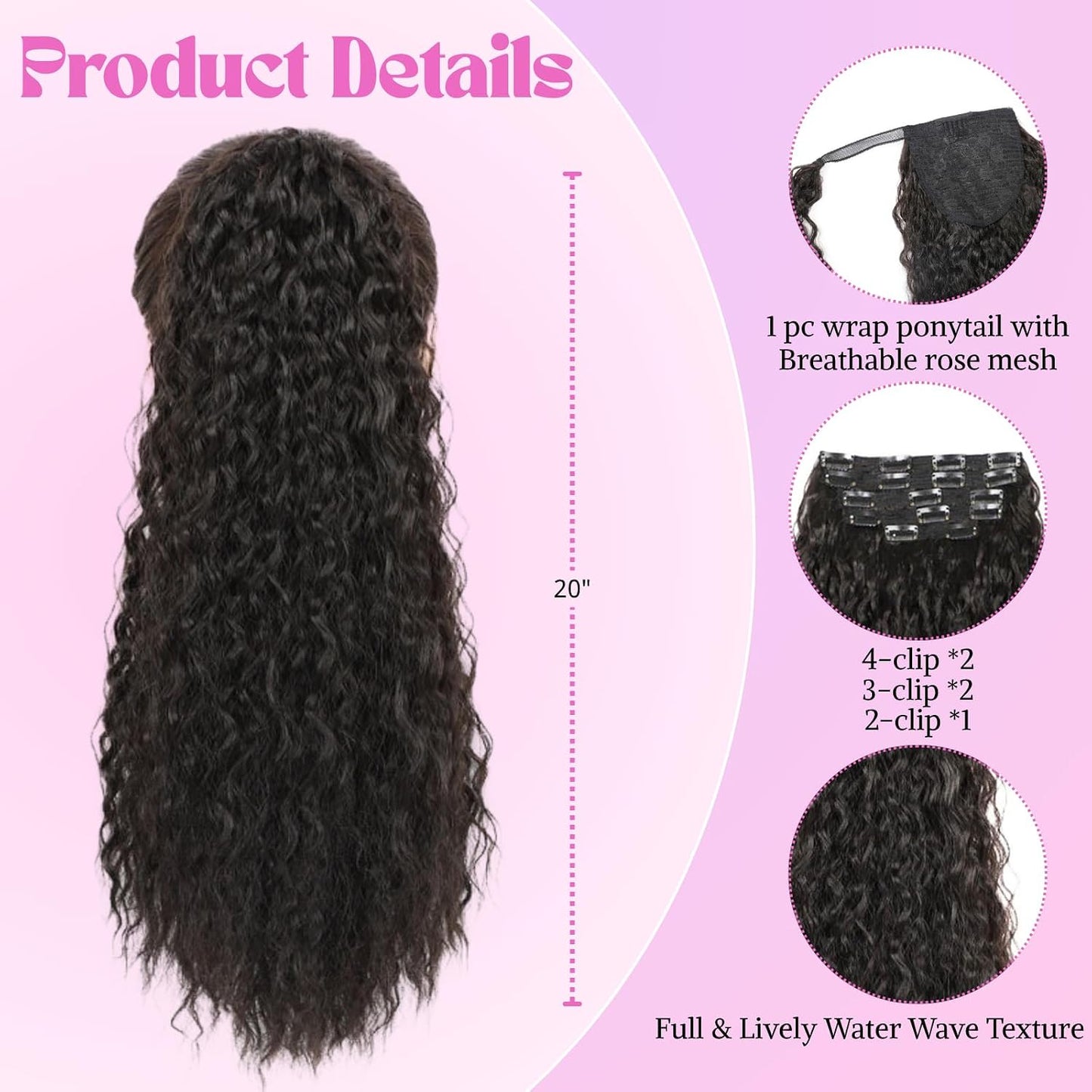 Half Up Half Down Ponytail Set for Black Women 6pc Water Wave 20inch