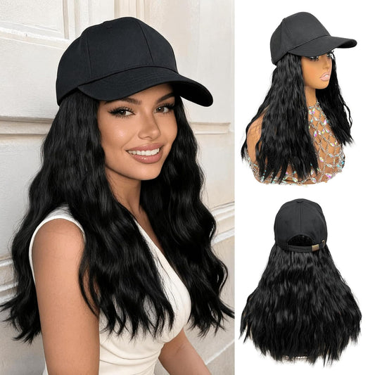 Baseball Cap with Hair Attached for Black Women 14inch Natural Wave Hat Wig