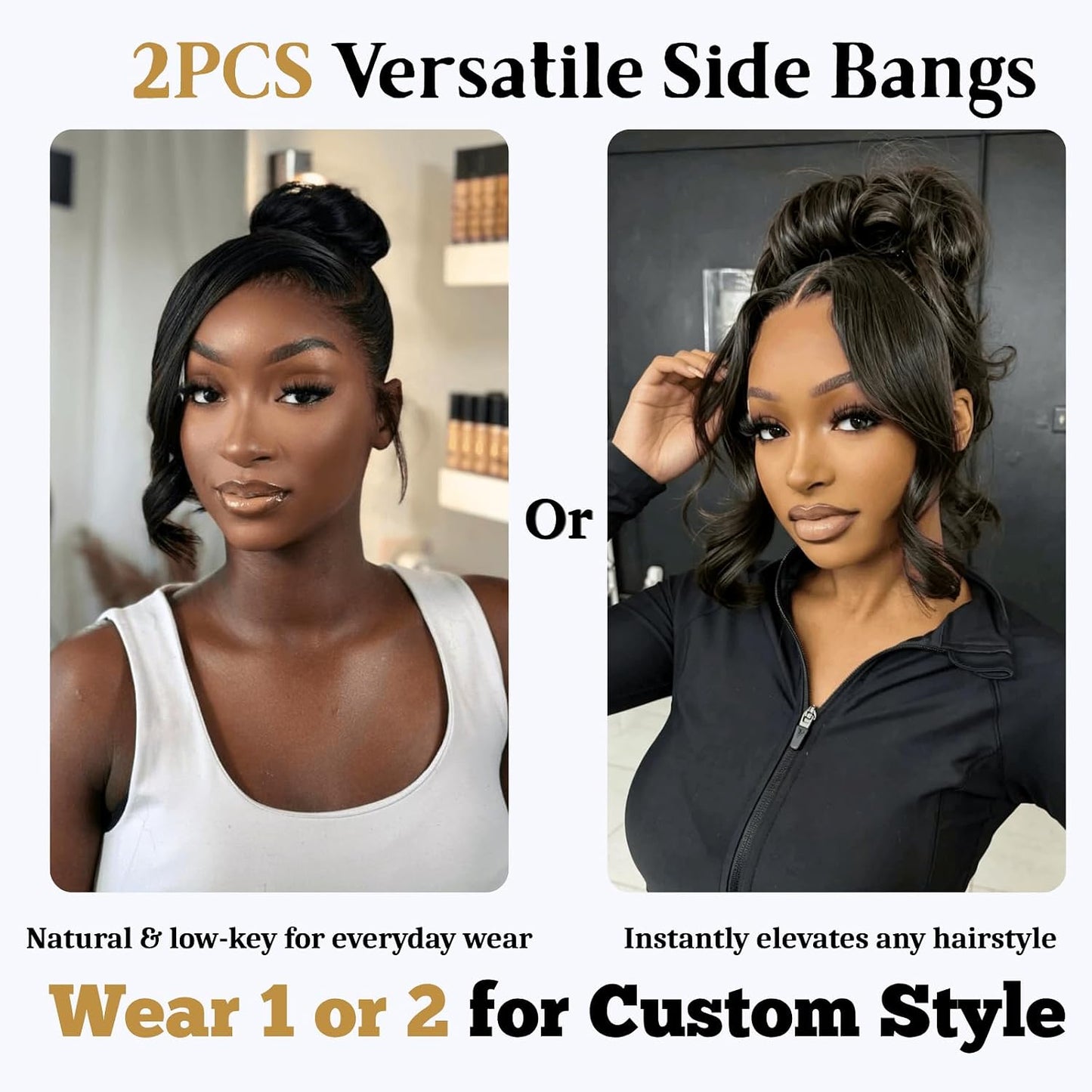Long Yaki Side Bangs Clip in 2pcs Set Kinky Straight Fringe for Black Women