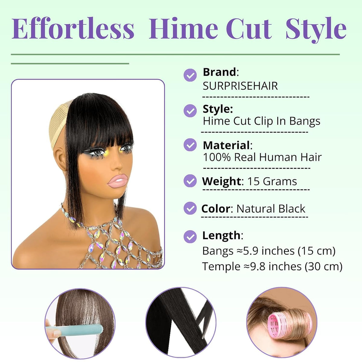 Clip in Bangs 100% Human Hair Fringe with Long Temples Hime Cut for Women
