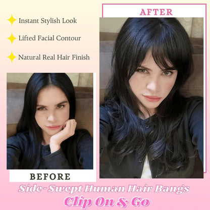 100% Real Human Hair Clip-In Extensions Thick Swept Bangs for Women