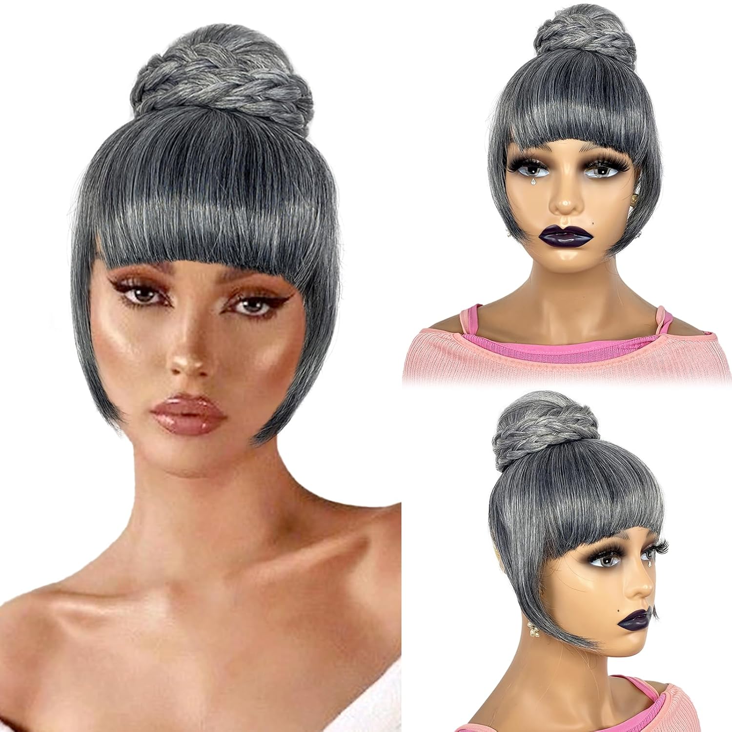 GRAY BUN BANG SET 2PCS - Quick Clip in Ponytail Gray Bun with Bang