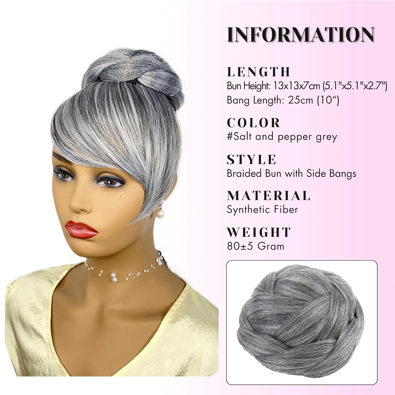 Quick Bun and Bang Set 2PCS - Salt and Pepper Grey Braided Bun with Side Bang