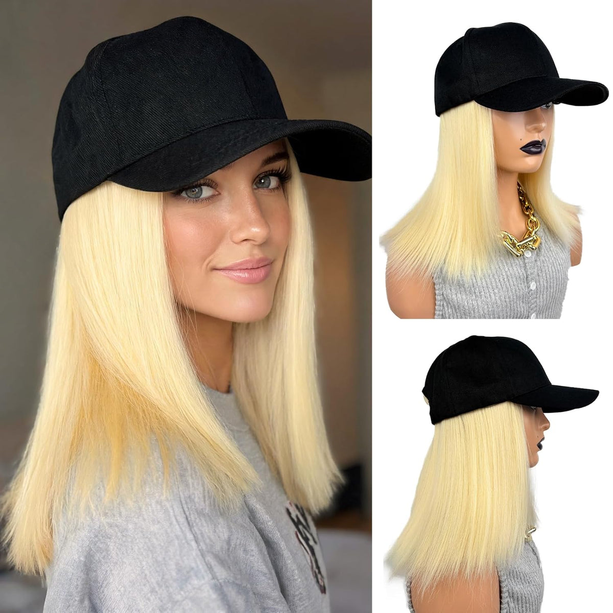 Baseball Cap with Bob Hair Attached Synthetic Bob Hat Wig for Women-Dark Brown