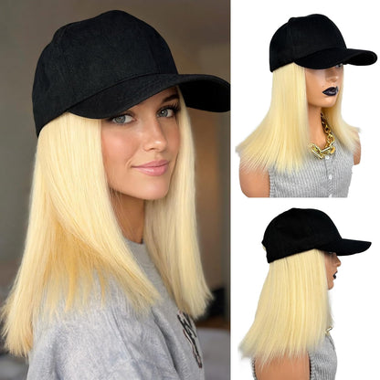 Baseball Cap with Bob Hair Attached Synthetic Bob Hat Wig for Women-Dark Brown