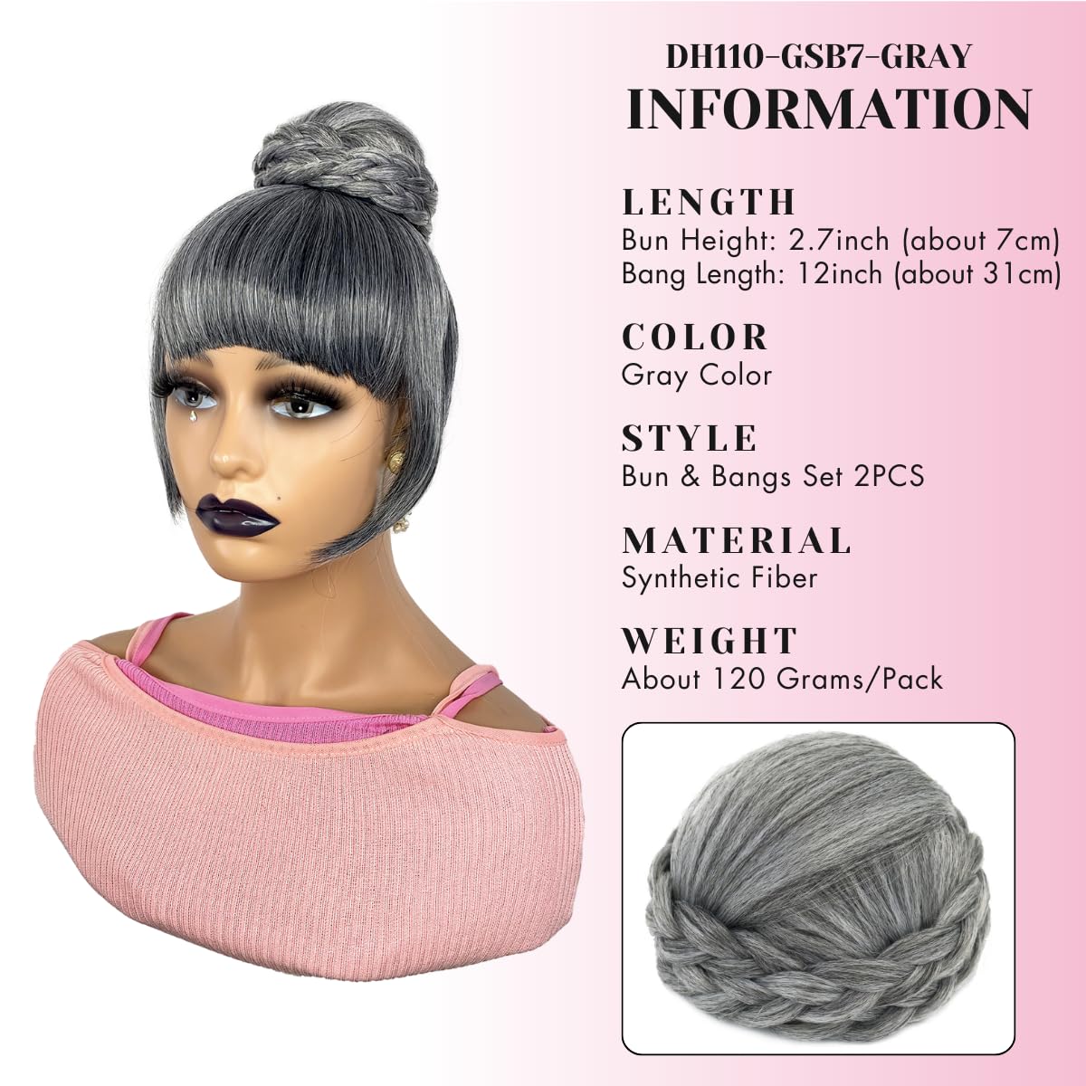 GRAY BUN BANG SET 2PCS - Quick Clip in Ponytail Gray Bun with Bang