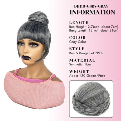 GRAY BUN BANG SET 2PCS - Quick Clip in Ponytail Gray Bun with Bang