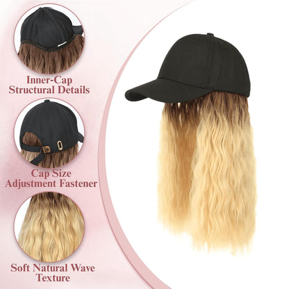 Short Curly Hat Wig for Women Baseball Cap with Ombre Blonde Natural Wave Hair for Women