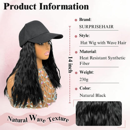 Baseball Cap with Hair Attached for Black Women 14inch Natural Wave Hat Wig