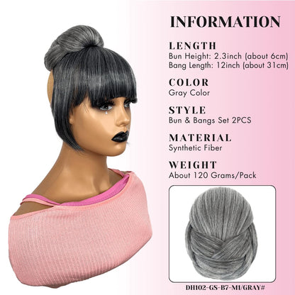 Salt and Pepper Grey Bun & Bangs Set 2PCS  for Black Women