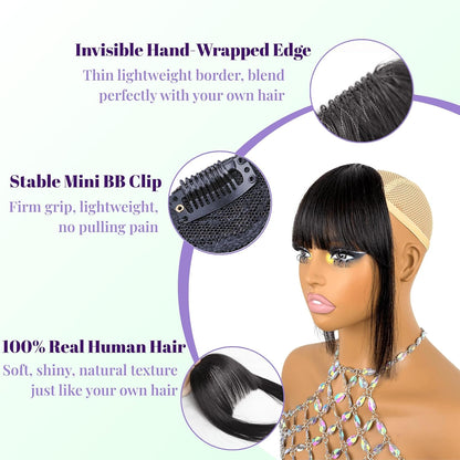 Clip in Bangs 100% Human Hair Fringe with Long Temples Hime Cut for Women