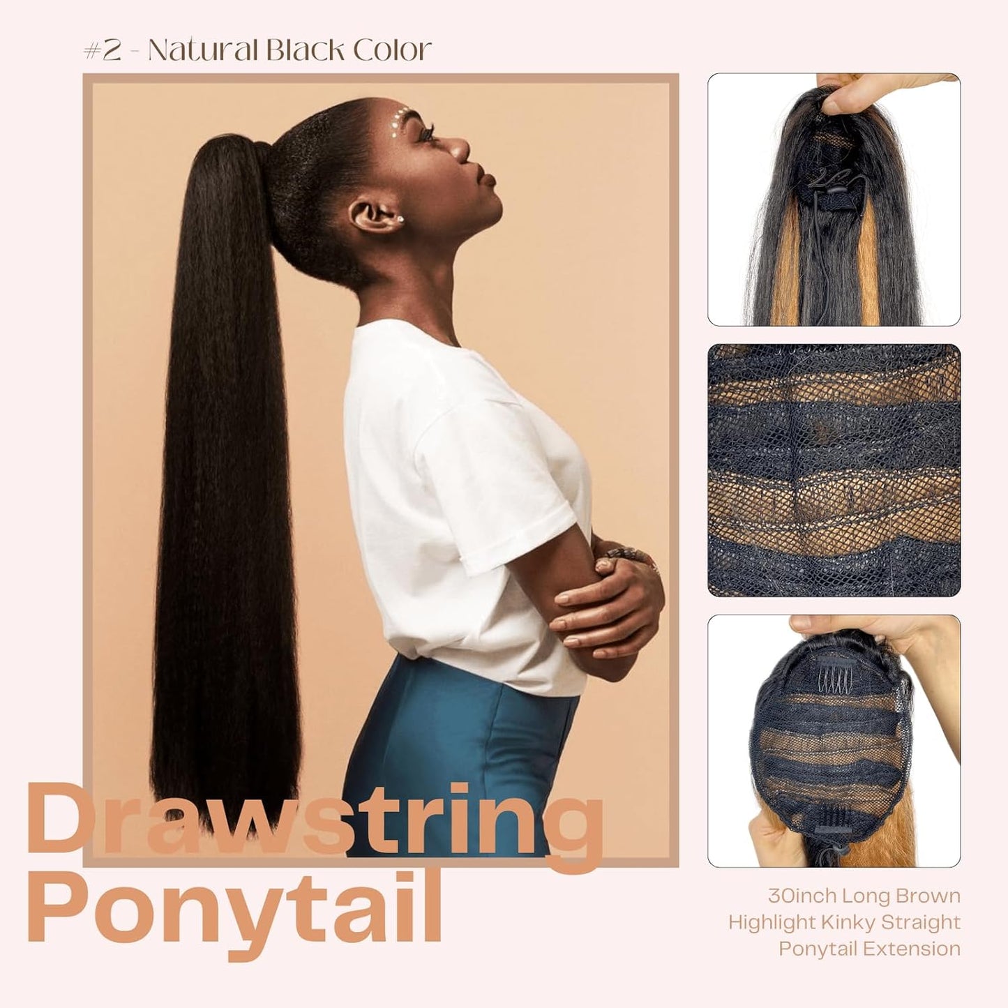 30inch Long Yaki Straight Drawstring Ponytail Extension for Black Women