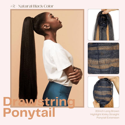 30inch Long Yaki Straight Drawstring Ponytail Extension for Black Women
