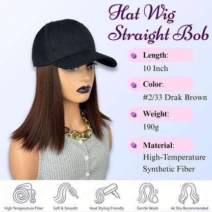 Baseball Cap with Bob Hair Attached Synthetic Bob Hat Wig for Women-Dark Brown