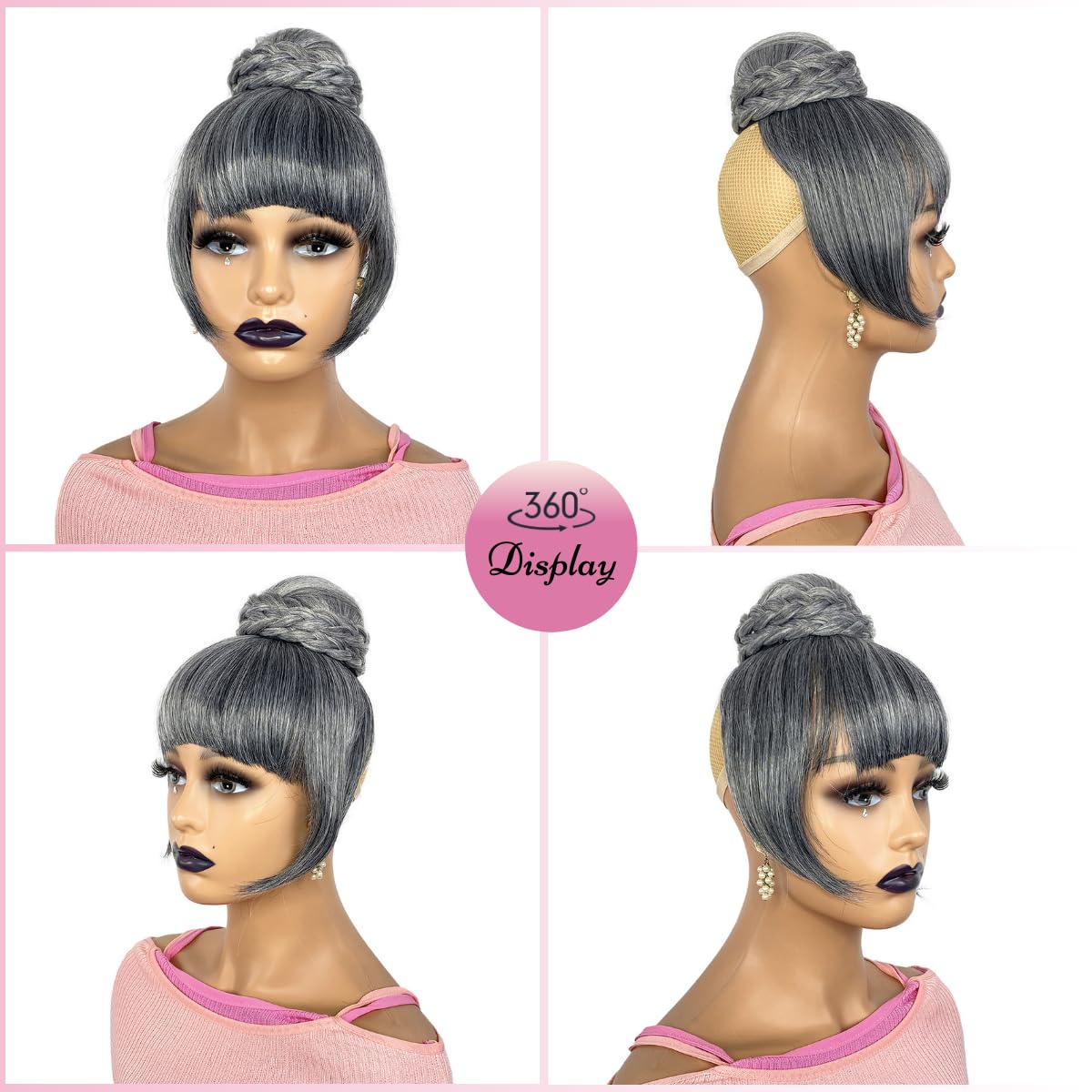GRAY BUN BANG SET 2PCS - Quick Clip in Ponytail Gray Bun with Bang