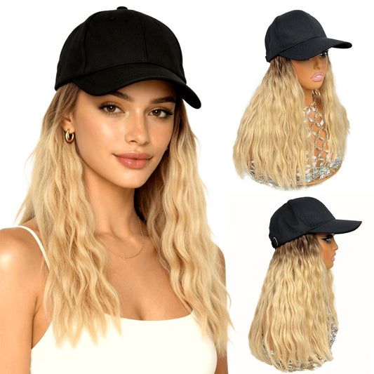 Short Curly Hat Wig for Women Baseball Cap with Ombre Blonde Natural Wave Hair for Women