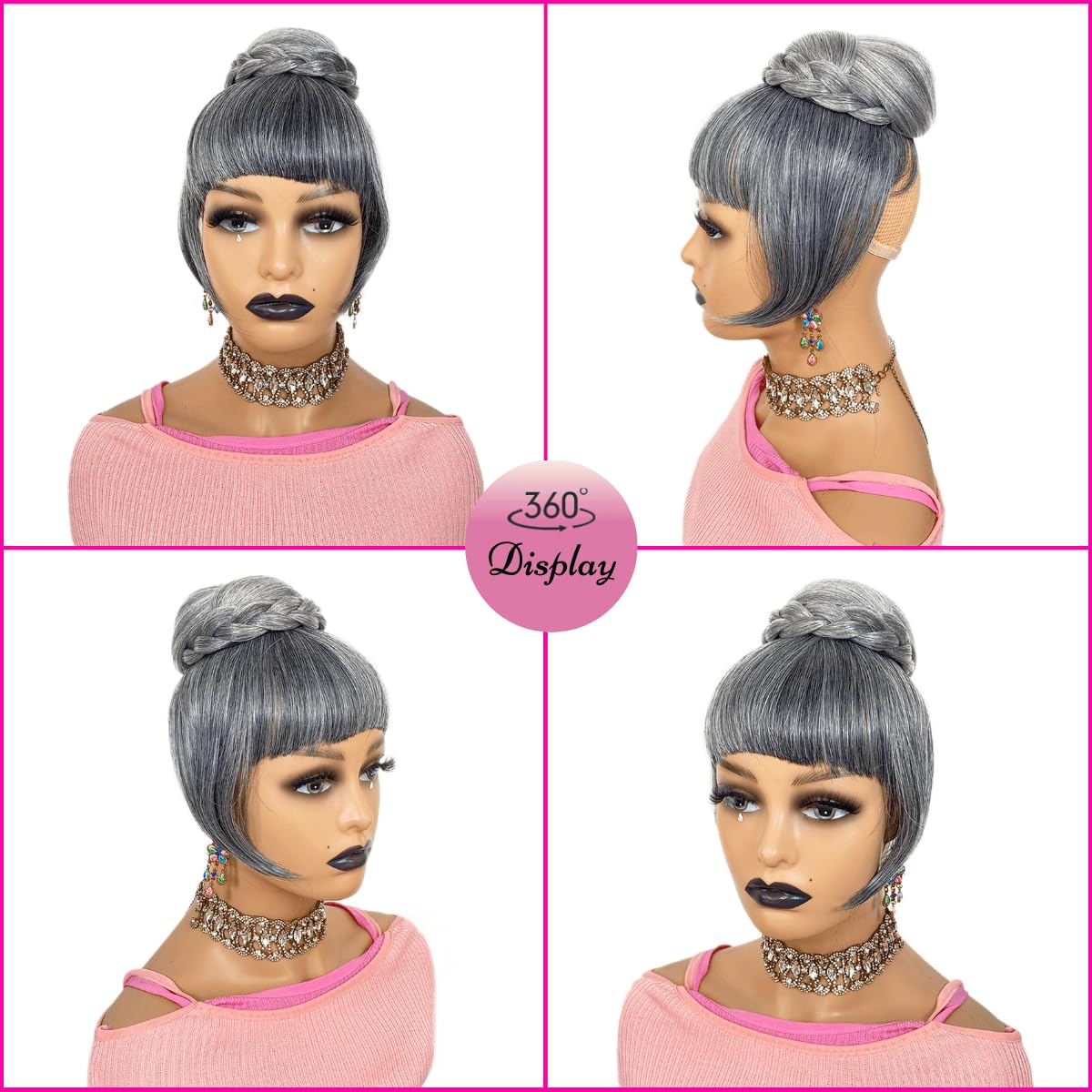 Grey Bun & Bang  Set  Salt and Pepper Hair Piece for Black Women