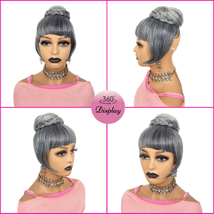 Grey Bun & Bang  Set  Salt and Pepper Hair Piece for Black Women