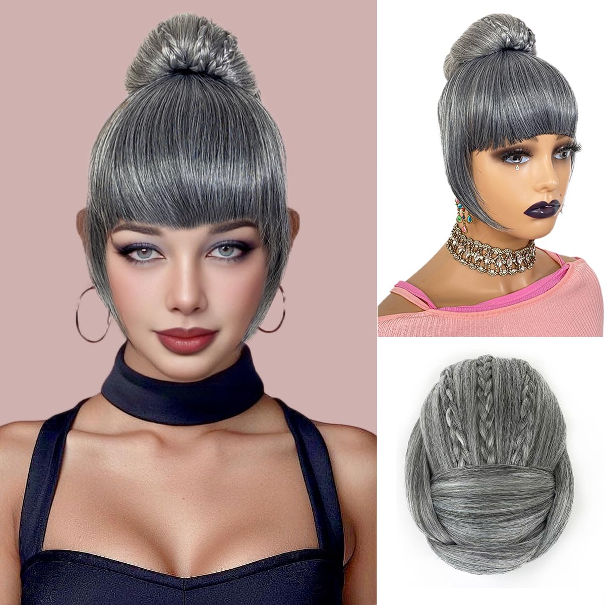 Salt and Pepper Grey Bun & Bang  Set  Hair Piece for Black Women