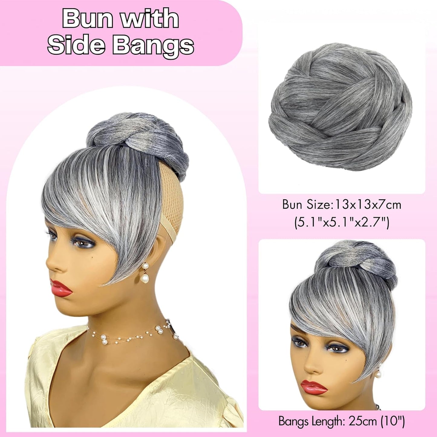 Quick Bun and Bang Set 2PCS - Salt and Pepper Grey Braided Bun with Side Bang