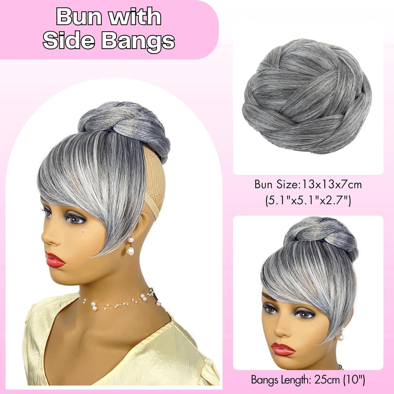Quick Bun and Bang Set 2PCS - Salt and Pepper Grey Braided Bun with Side Bang