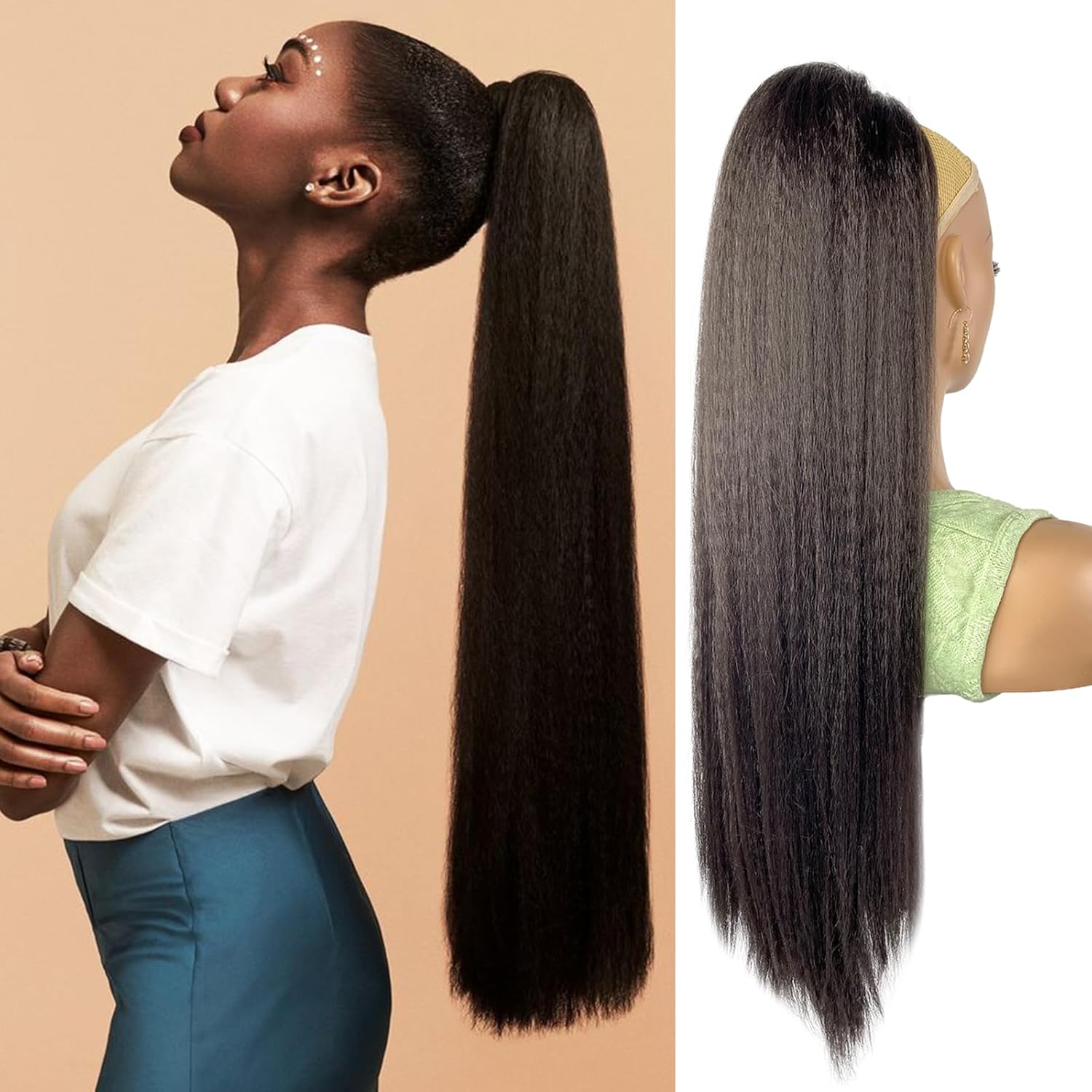 30inch Long Yaki Straight Drawstring Ponytail Extension for Black Women