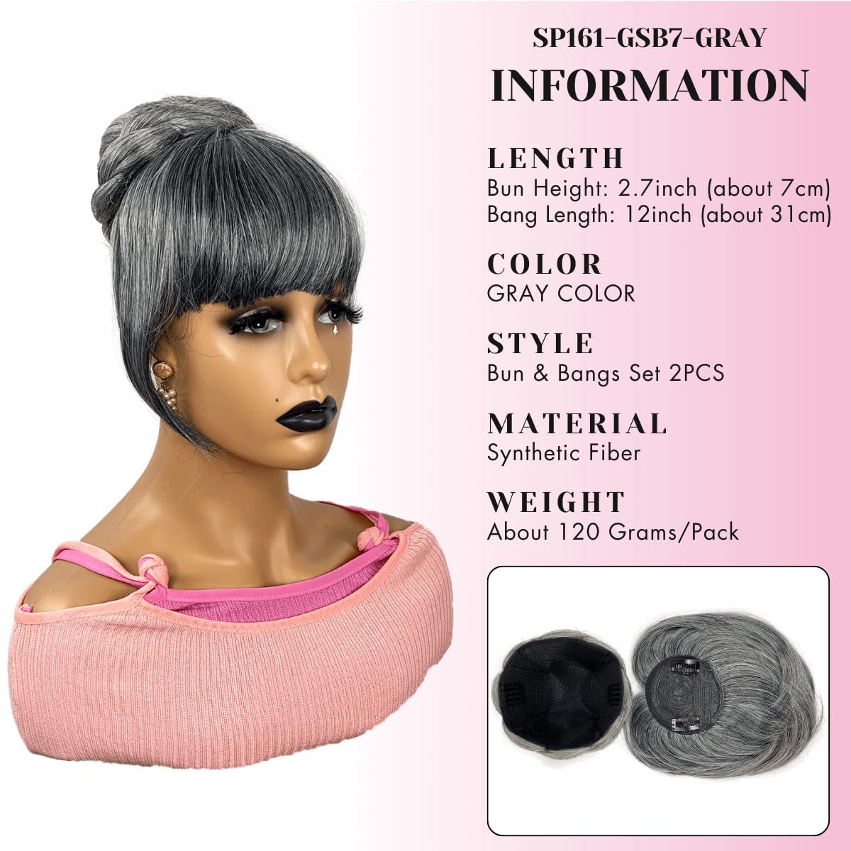 Gray Bun & Bangs Set 2PCS - Salt and Pepper Grey Hairpiece for Black Women