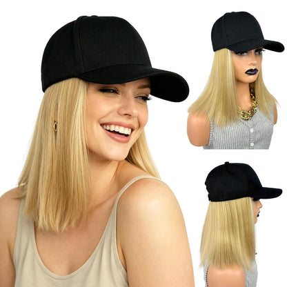 Baseball Cap with Bob Hair Attached Synthetic Bob Hat Wig for Women-Dark Brown