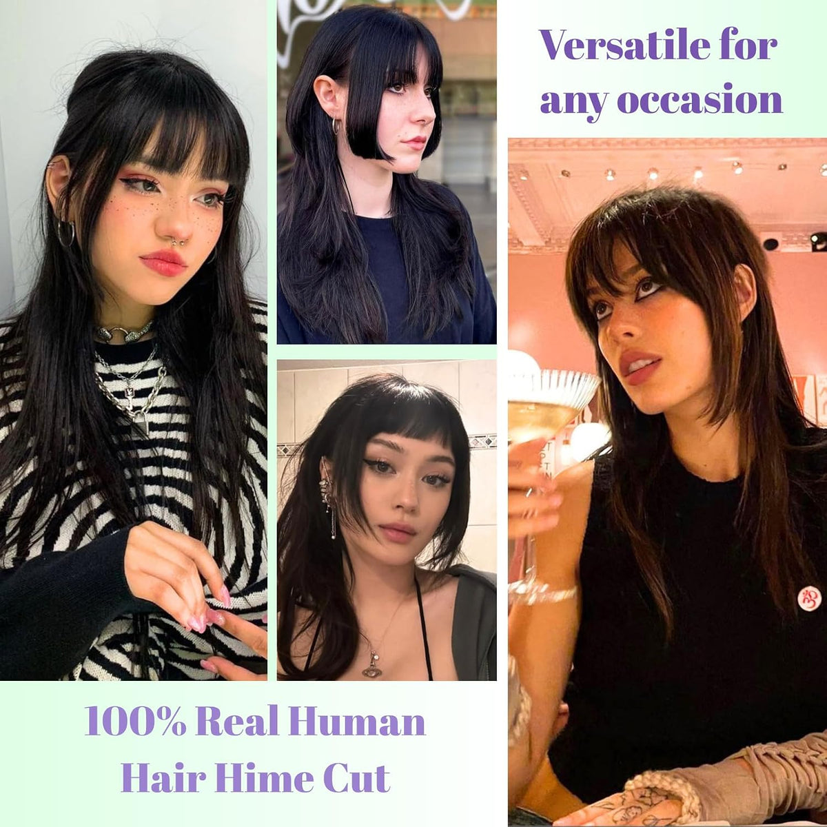 Clip in Bangs 100% Human Hair Fringe with Long Temples Hime Cut for Women