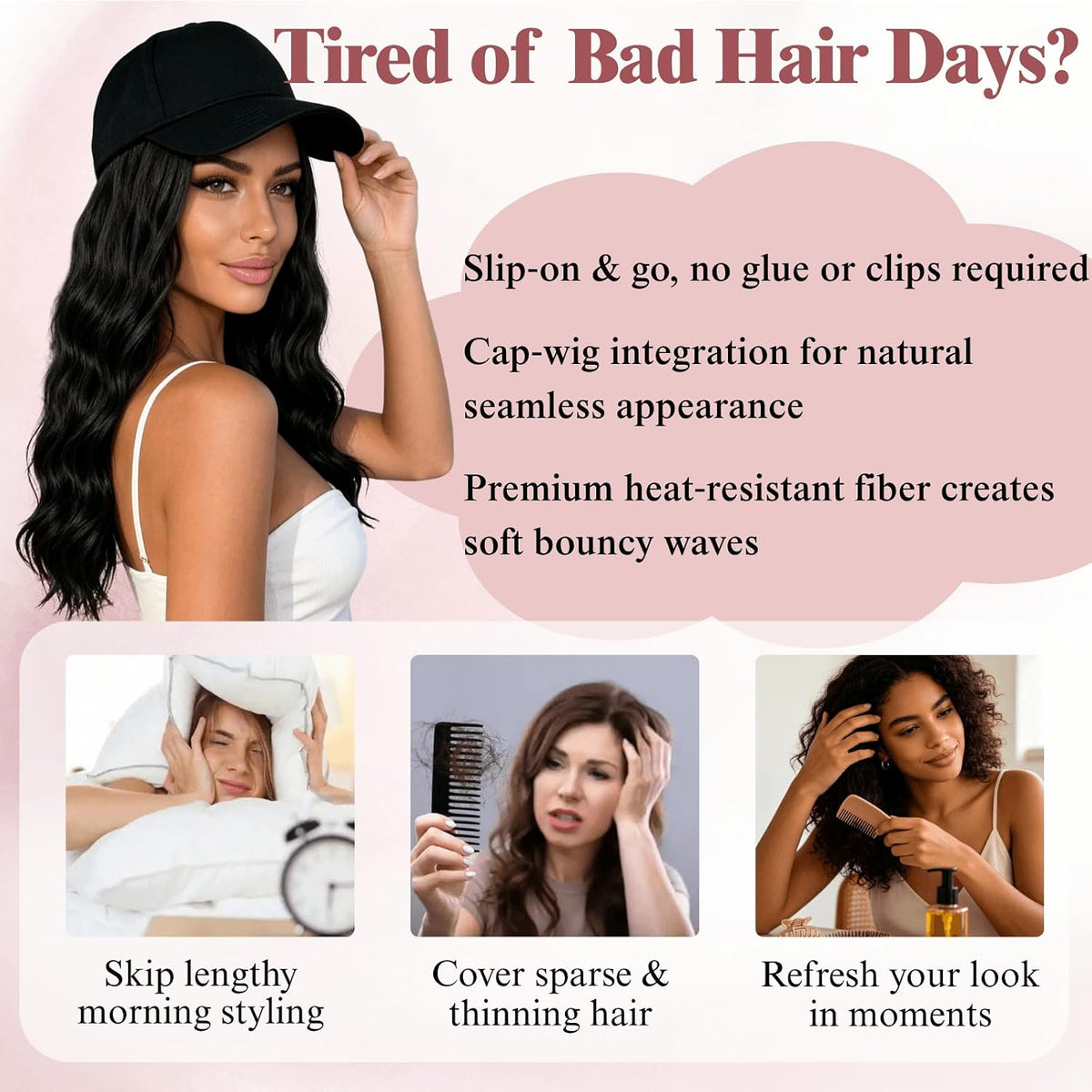 Baseball Cap with Hair Attached for Black Women 14inch Natural Wave Hat Wig