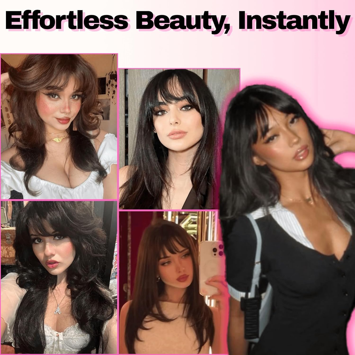 100% Real Human Hair Clip-In Extensions Thick Swept Bangs for Women