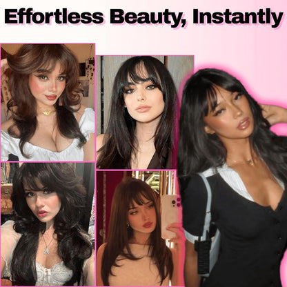 100% Real Human Hair Clip-In Extensions Thick Swept Bangs for Women