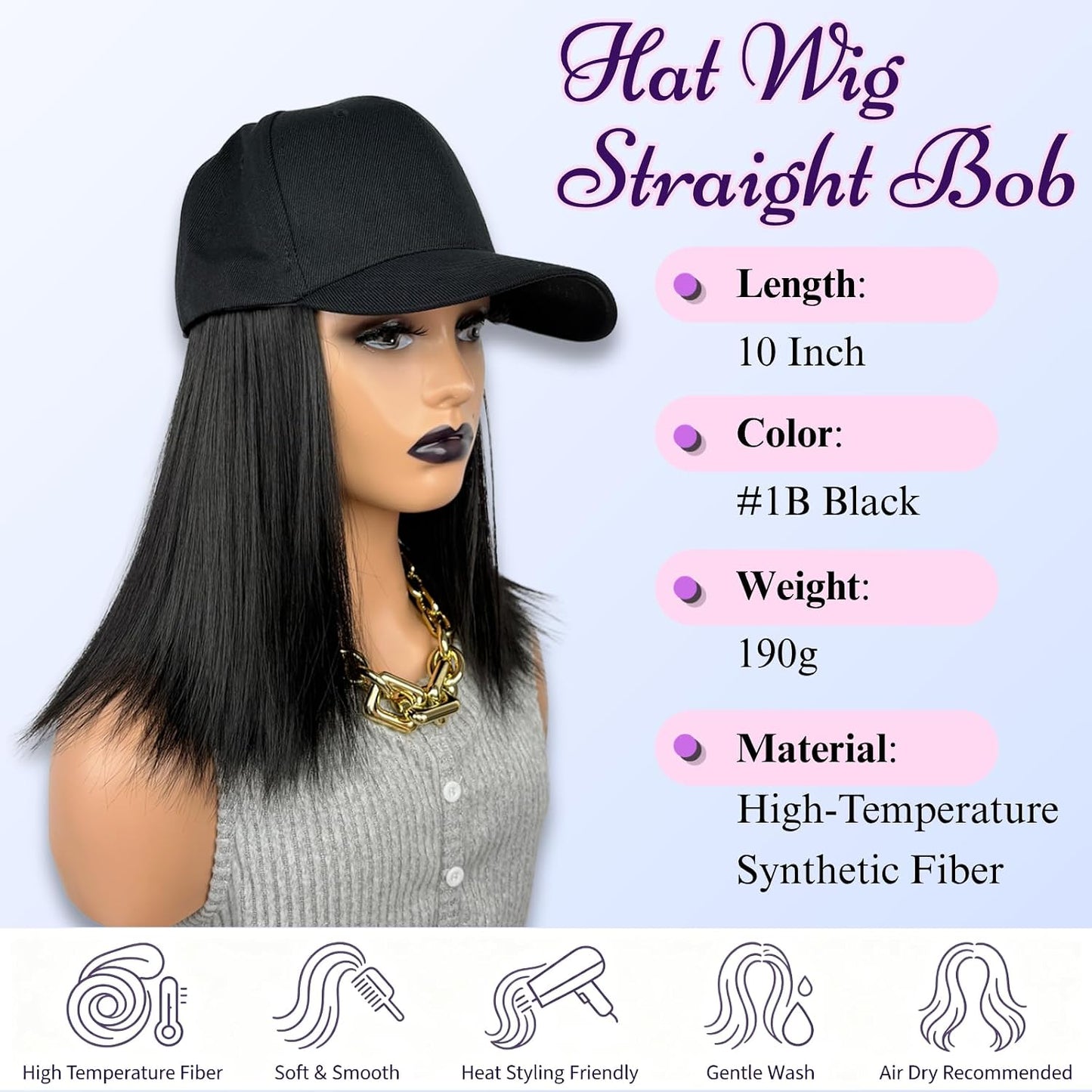 Baseball Cap with Bob Hair Attached Synthetic Bob Hat Wig for Women-Dark Brown