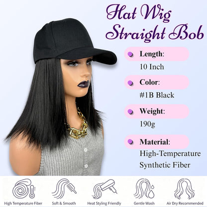 Baseball Cap with Bob Hair Attached Synthetic Bob Hat Wig for Women-Dark Brown