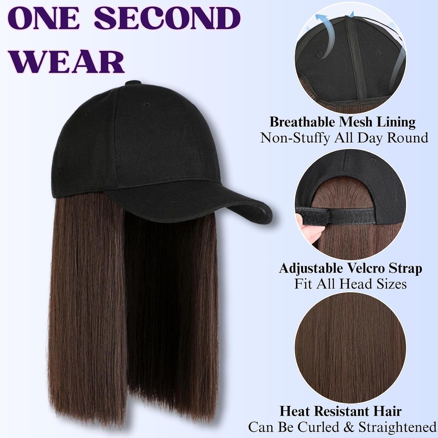 Baseball Cap with Bob Hair Attached Synthetic Bob Hat Wig for Women-Dark Brown