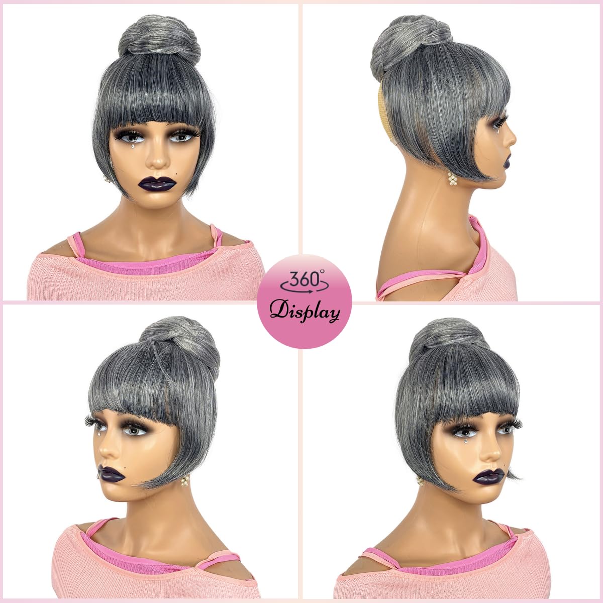 Grey Bun & Bangs Set 2PCS - Salt and Pepper Grey Twist Braided Chignon for Black Women