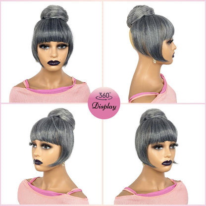 Grey Bun & Bangs Set 2PCS - Salt and Pepper Grey Twist Braided Chignon for Black Women