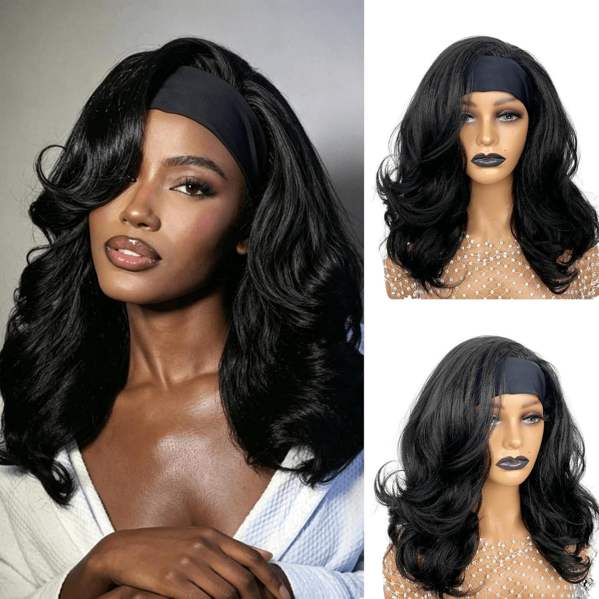 18inch Long Kinky Straight Yaki Wavy Headband Wig for Black Women