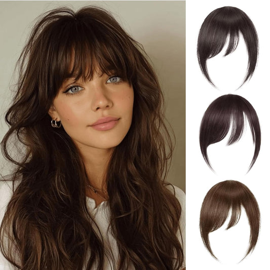 100% Real Human Hair Clip-In Extensions Thick Swept Bangs for Women