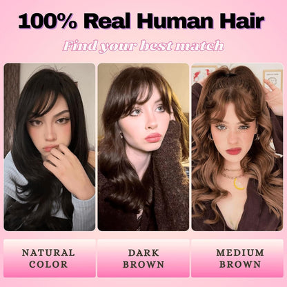 100% Real Human Hair Clip-In Extensions Thick Swept Bangs for Women