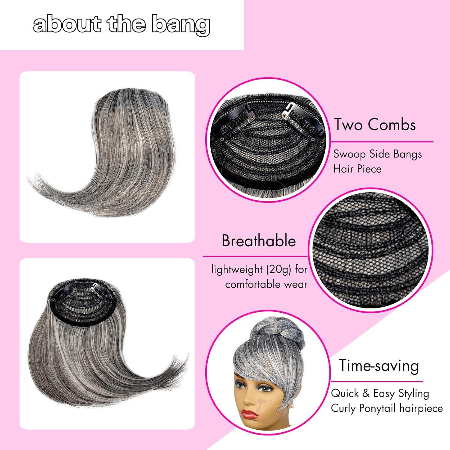 Quick Bun and Bang Set 2PCS - Salt and Pepper Grey Braided Bun with Side Bang