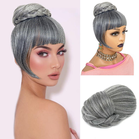 Grey Bun & Bang  Set  Salt and Pepper Hair Piece for Black Women