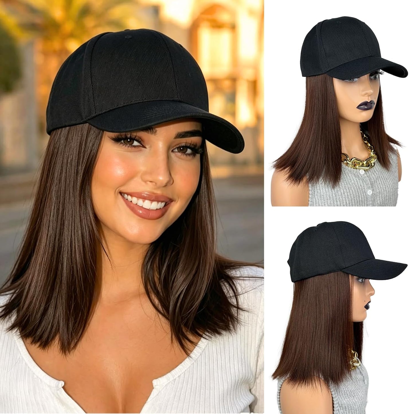 Baseball Cap with Bob Hair Attached Synthetic Bob Hat Wig for Women-Dark Brown